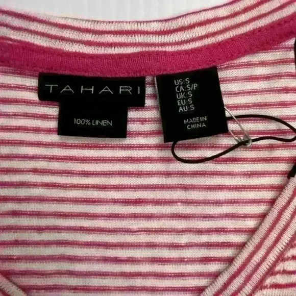 Tahari NWT Womens Small Pink White Striped 100% Linen Top Capped Sleeves V-Neck - Picture 6 of 11
